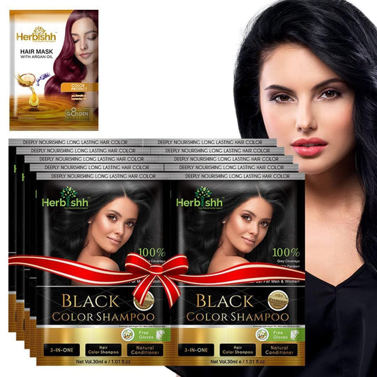 Herbishh Hair Color Shampoo for Gray Hair– Hair Dye Shampoo with Argan Hair Mask–Tamaño de viaje-Tiñe el cabello en minutos–Color de larga duración–10pack+1pack (Black)