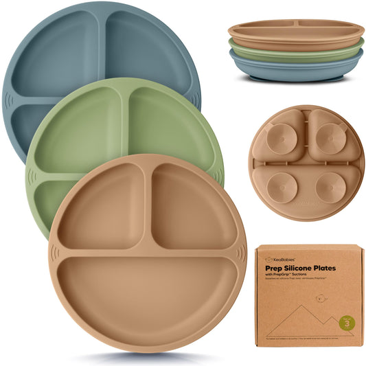 KeaBabies Platos infantiles para bebé, 3 unidades, 100% silicona, con ventosa, platos para niños divididos con división, placas de silicona para bebé, sin BPA, aptos para microondas (desierto)