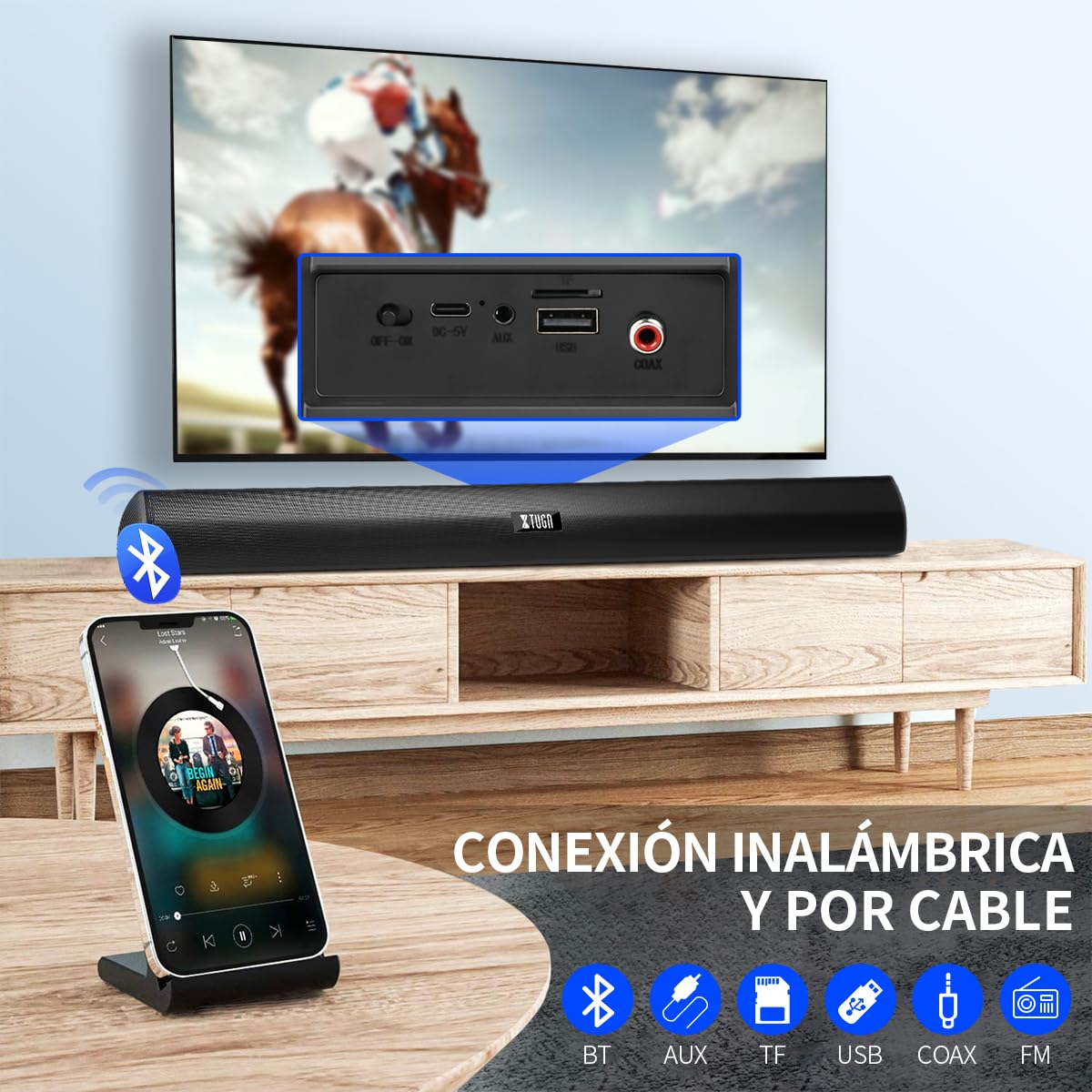 Barra de Sonido XTUGA Bluetooth Negro Inalámbrica para Teatro en Casa 2.0 Canales 40W