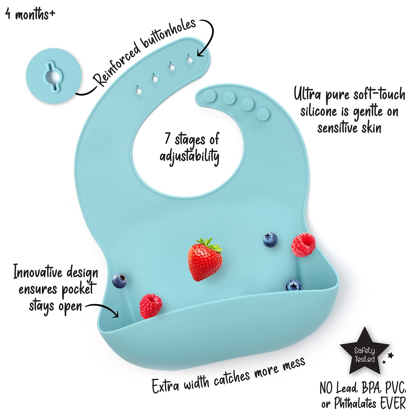 PrimaStella - Baberos de silicona para bebé, suave, ajustable, impermeable, juego de 2 para bebés y niños pequeños, sin BPA