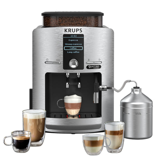 KRUPS Espresseria Súper Automática Quattro Force, diseño compacto, obteniendo el mismo sabor delicioso del café. Capacidad 1.7L, EA82FBMX