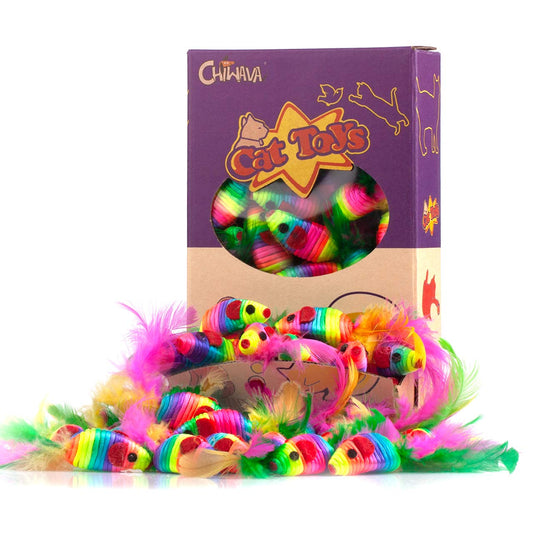Chiwava 24 Piezas 5 "Juguete de Ratón con Pluma y Cuerda de Arco Iris para Gatitos en Varios Colores