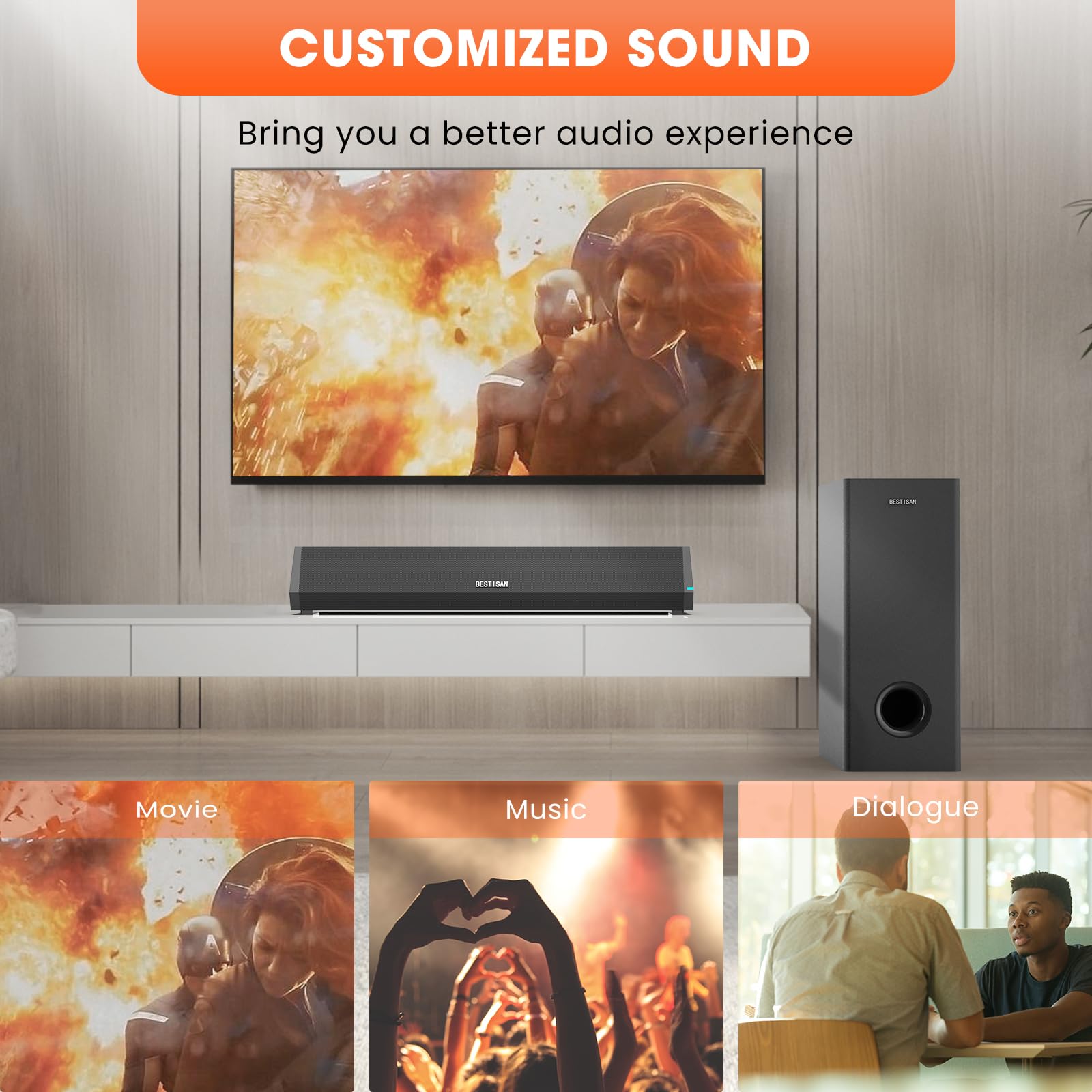 BESTISAN Barras de sonido para TV con subwoofer, 2.1 graves profundos pequeña barra de sonido para monitor de TV, altavoz de cine en casa, sistema de sonido envolvente para juegos de PC con conexión