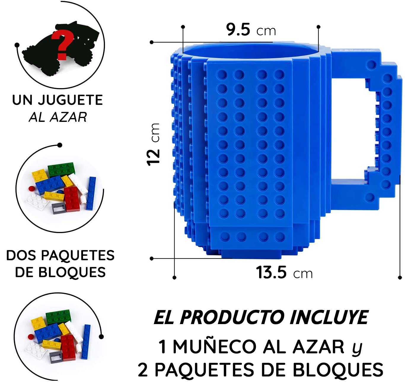 John & John Taza armable de diseño Divertido para Ladrillos, Incluye un muñeco y 2 Sets de Bloques de construcción para Jugar (10 Colores) - Azul