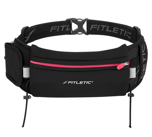 Fitletic cinturón de Running | Libre de Rebote Funda para Marathon único, triatlón, Ironman, Resistencia, Ciclismo, Trail, 10 K, 5 K | Patentado Ultimate II Race Cinturón, Negro/Rosado, Talla única