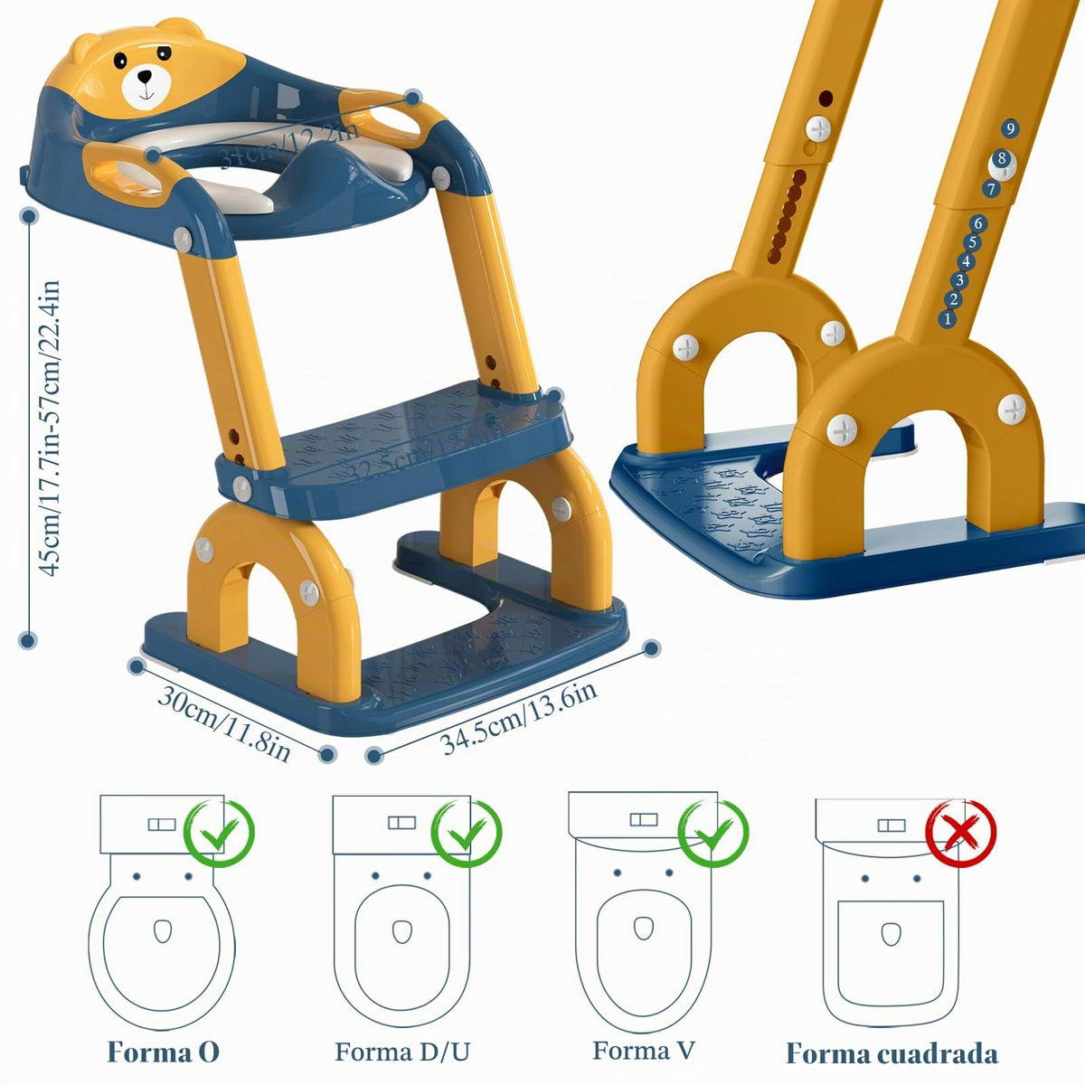 CUXFLS - Asiento de entrenamiento para ir al baño con escalera para niños pequeños, inodoro ajustable 2 en 1 para niños y niñas con protector contra salpicaduras, cojín impermeable, taburete