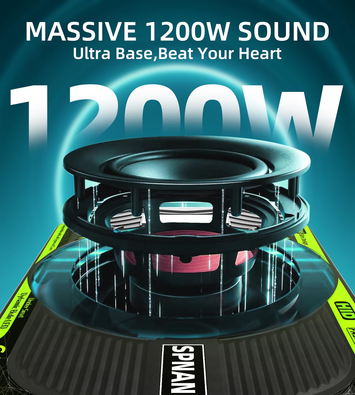 SPNANMA 2025 - Subwoofer y amplificador delgado de 1200 W, 10 pulgadas, para automóvil con luz ambiental, control individual para bajos pasos/ganancias/potenciación, graves de vibración envolvente de