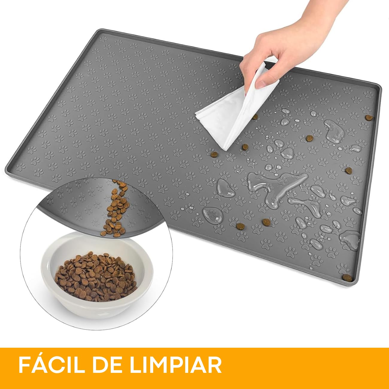 Tapete de Silicona Wolfi Gris para Comida de Perro Antideslizante 46x30cm