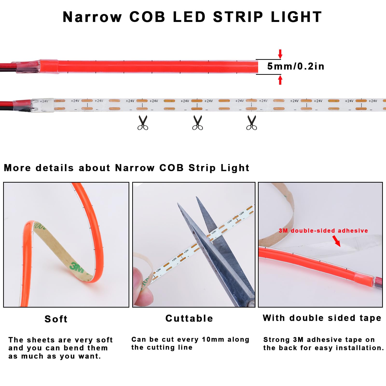 Tira de LED COB TOPAI 24 V Estrecha 5 mm CRI>90 400 LEDs/M Autoadhesiva Flexible para Bricolaje Dormitorio Iluminación