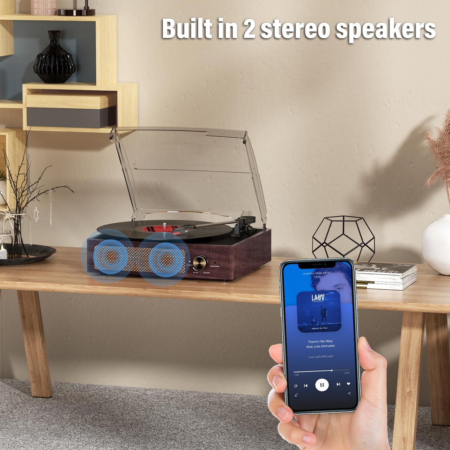 Kedok - Tocadiscos de vinilo con receptor Bluetooth integrado y 2 altavoces estéreo, reproductor de discos retro portátil de 3 velocidades y 3 tamaños para entretenimiento y decoración del hogar