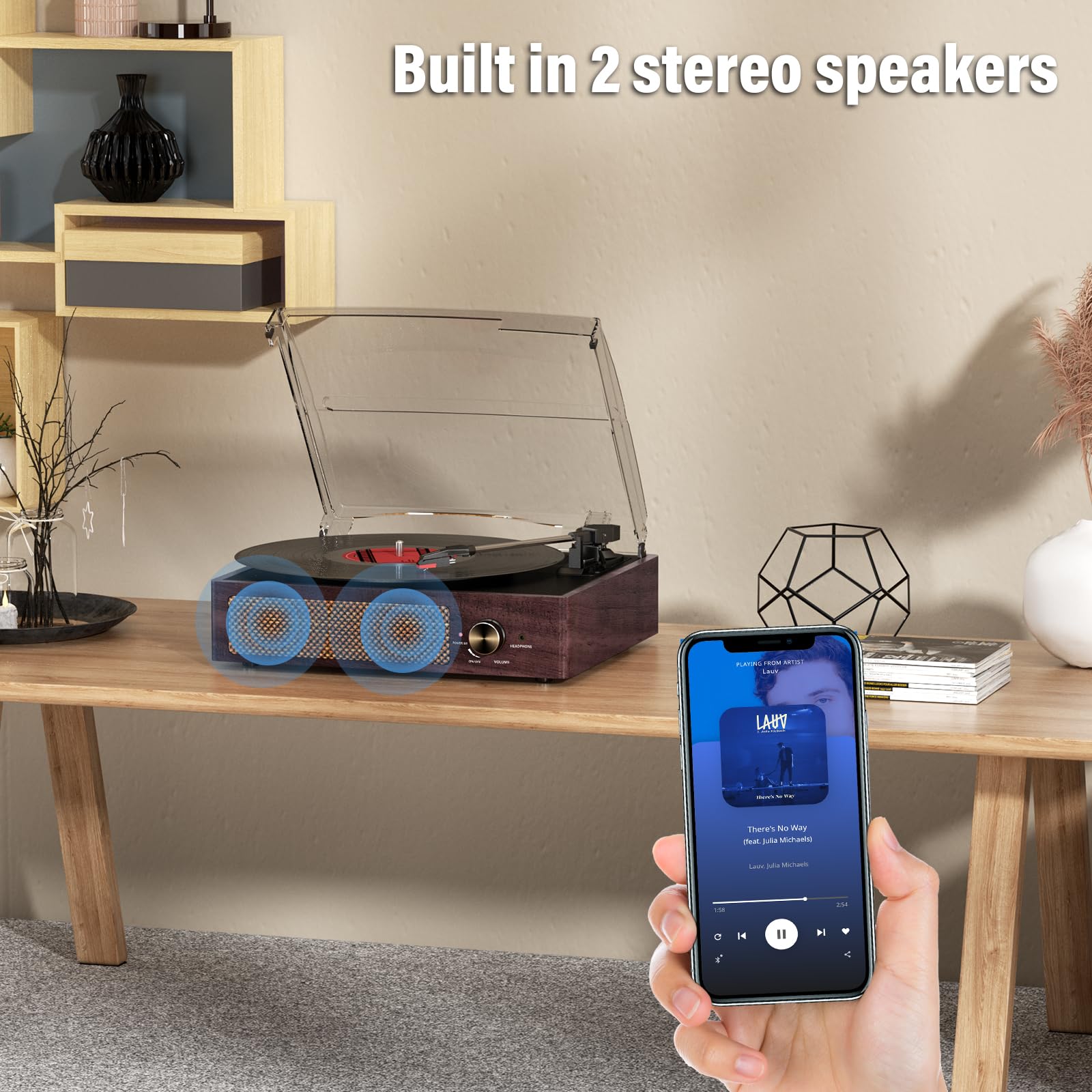 Kedok - Tocadiscos de vinilo con receptor Bluetooth integrado y 2 altavoces estéreo, reproductor de discos retro portátil de 3 velocidades y 3 tamaños para entretenimiento y decoración del hogar