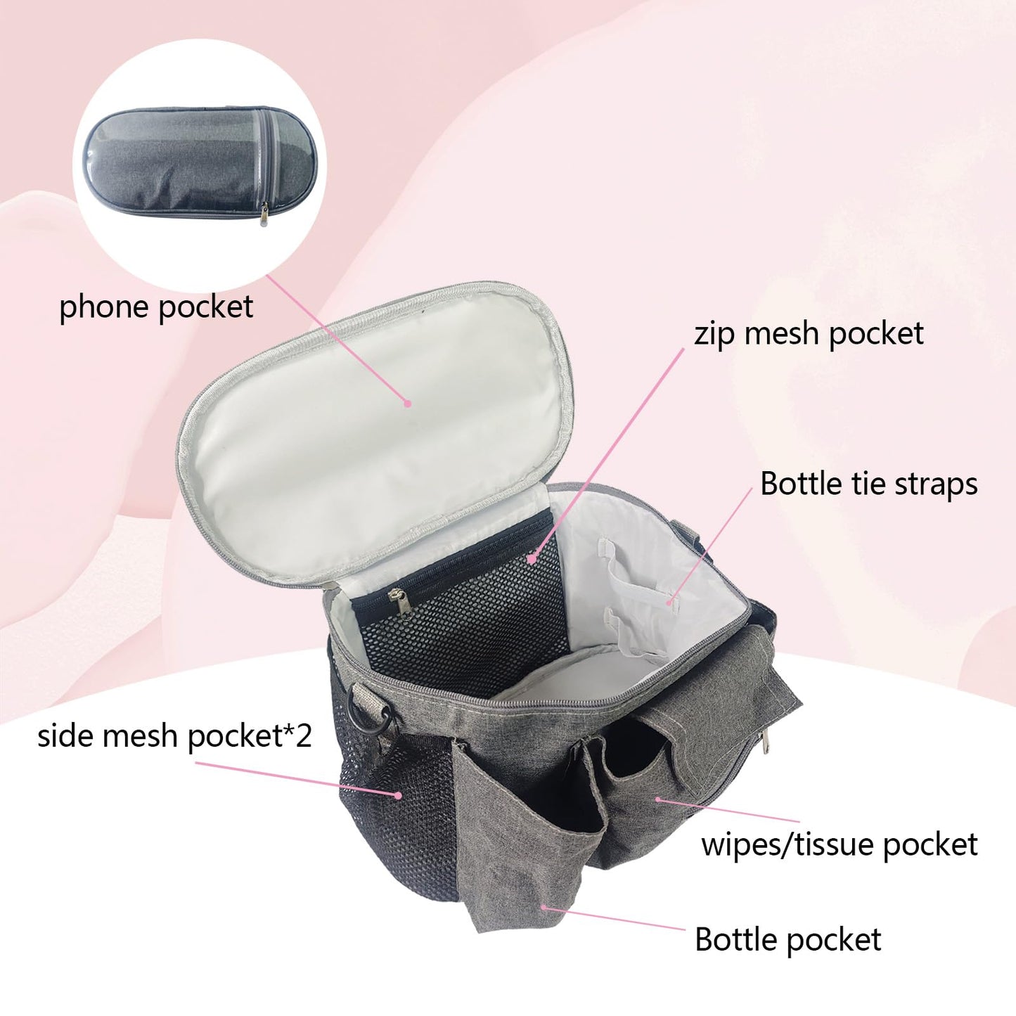 Pequeña bolsa de pañales, bolsas de viaje para mamás, múltiples bolsillos, gancho para carriola, correa ajustable, bolso portátil para padres (gris)