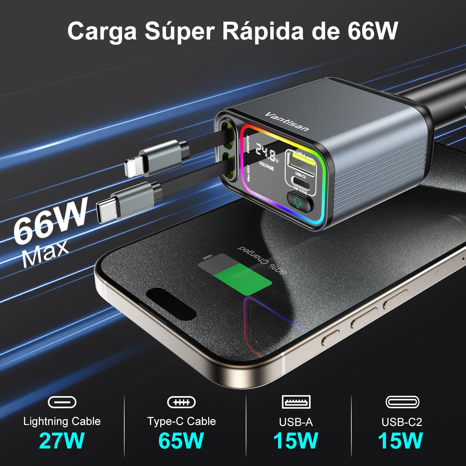 vantisan Cargador para Auto,Adaptador de Cargador de Coche con Pantalla de Luz, 140w Carga Rápida Conector telescópico y 2 Puertos USB con RGB, Compatible con iPhone,Galaxy, Xiaomi
