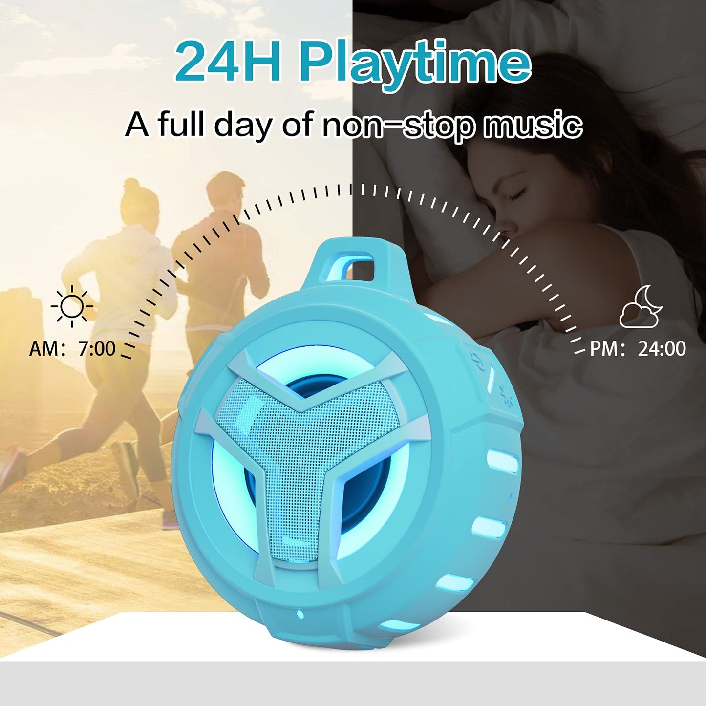 EBODA - Altavoz de ducha Bluetooth impermeable, IPX7, altavoces pequeños inalámbricos portátiles, flotantes, tiempo de juego 24 horas con luz RGB para kayak, playa, accesorios de piscina, regalos para