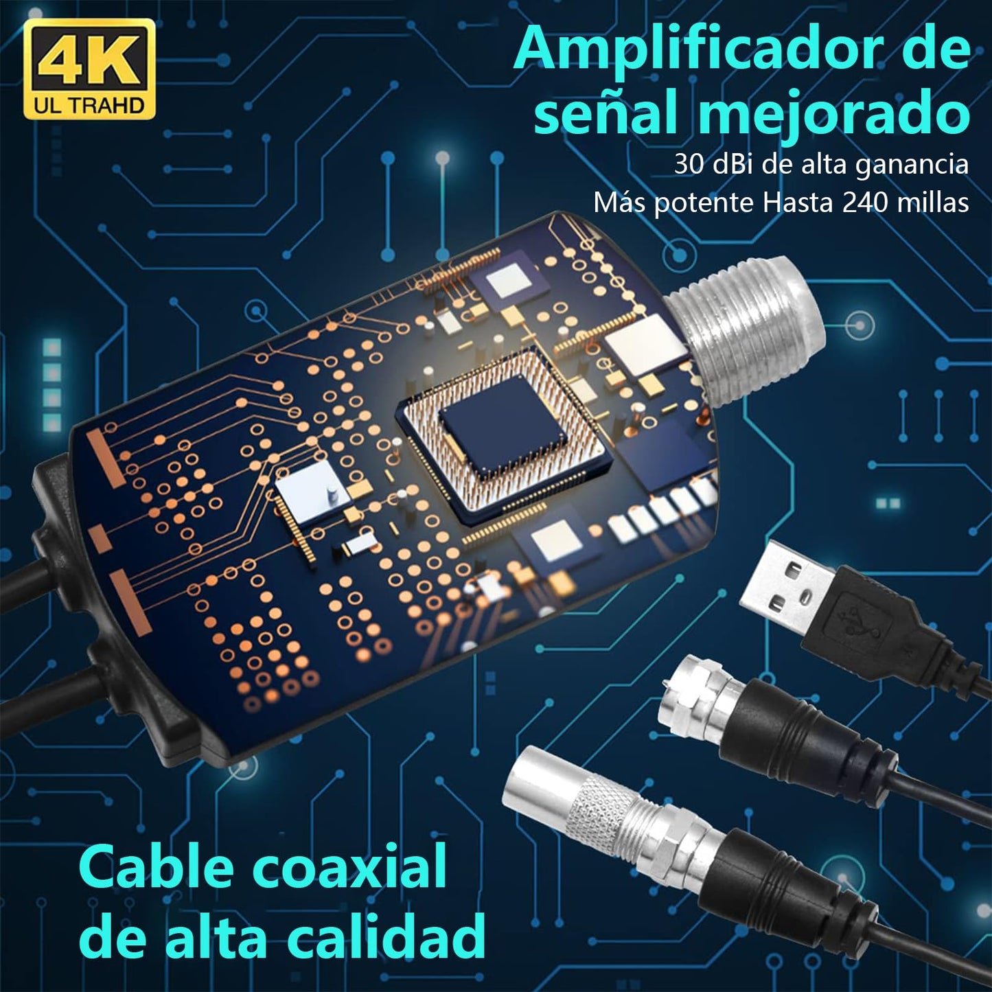 Antena de TV Digital HDTV con Amplificador de Señal Inteligente para Canales 1080P 4K DTMB ATSC DVB-T DMB-T ISDB-T - Interiores