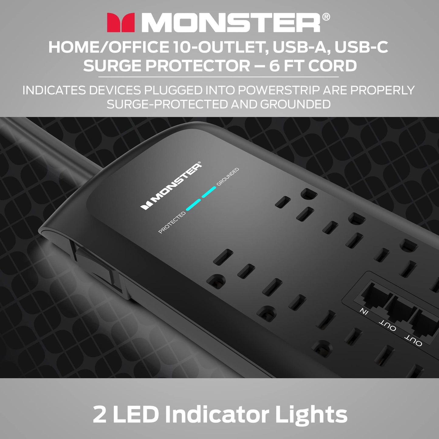 Protector de Sobretensiones Monster Negro Cable de 6 Pies 10 Salidas 2 Puertos USB Ideal para Dispositivos Domésticos