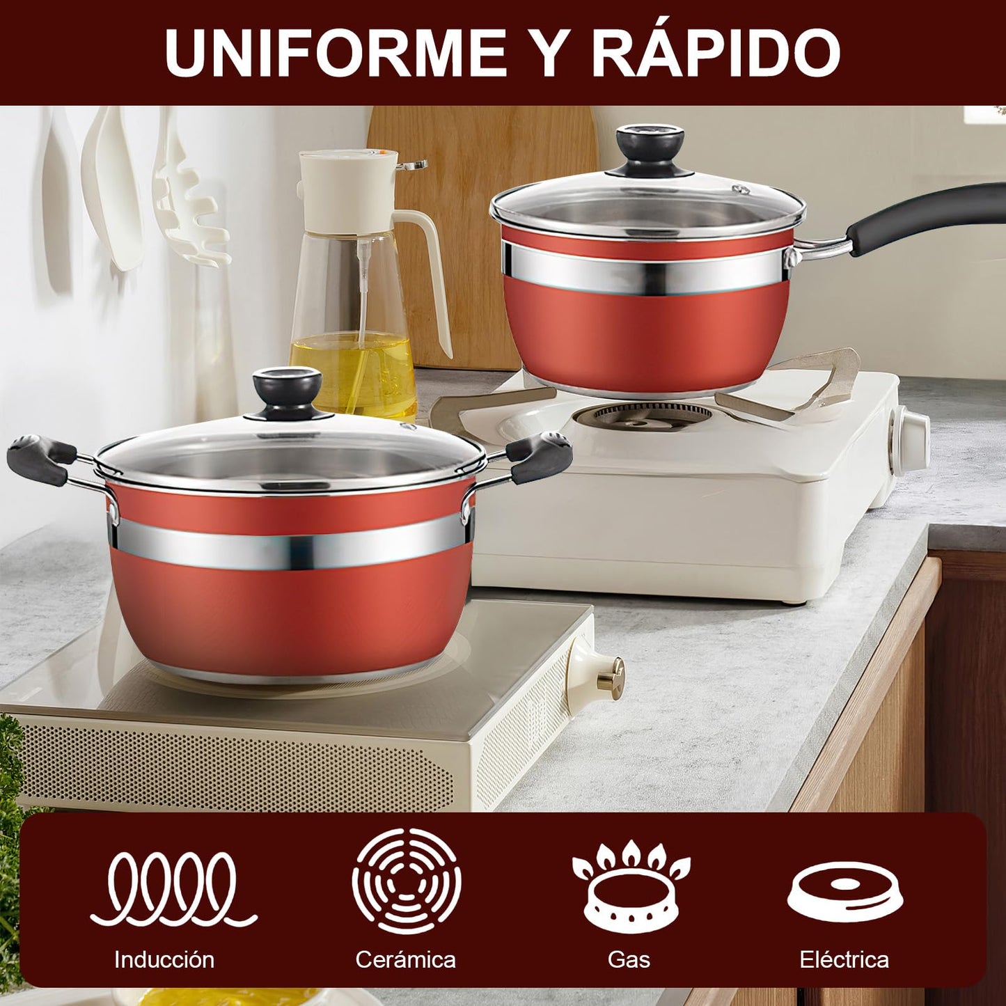 Batería de Cocina NOVRY rojo Antiadherente de Acero Inoxidable para Estufas de Inducción, Eléctricas y Gas 14 Piezas con Cuchillos