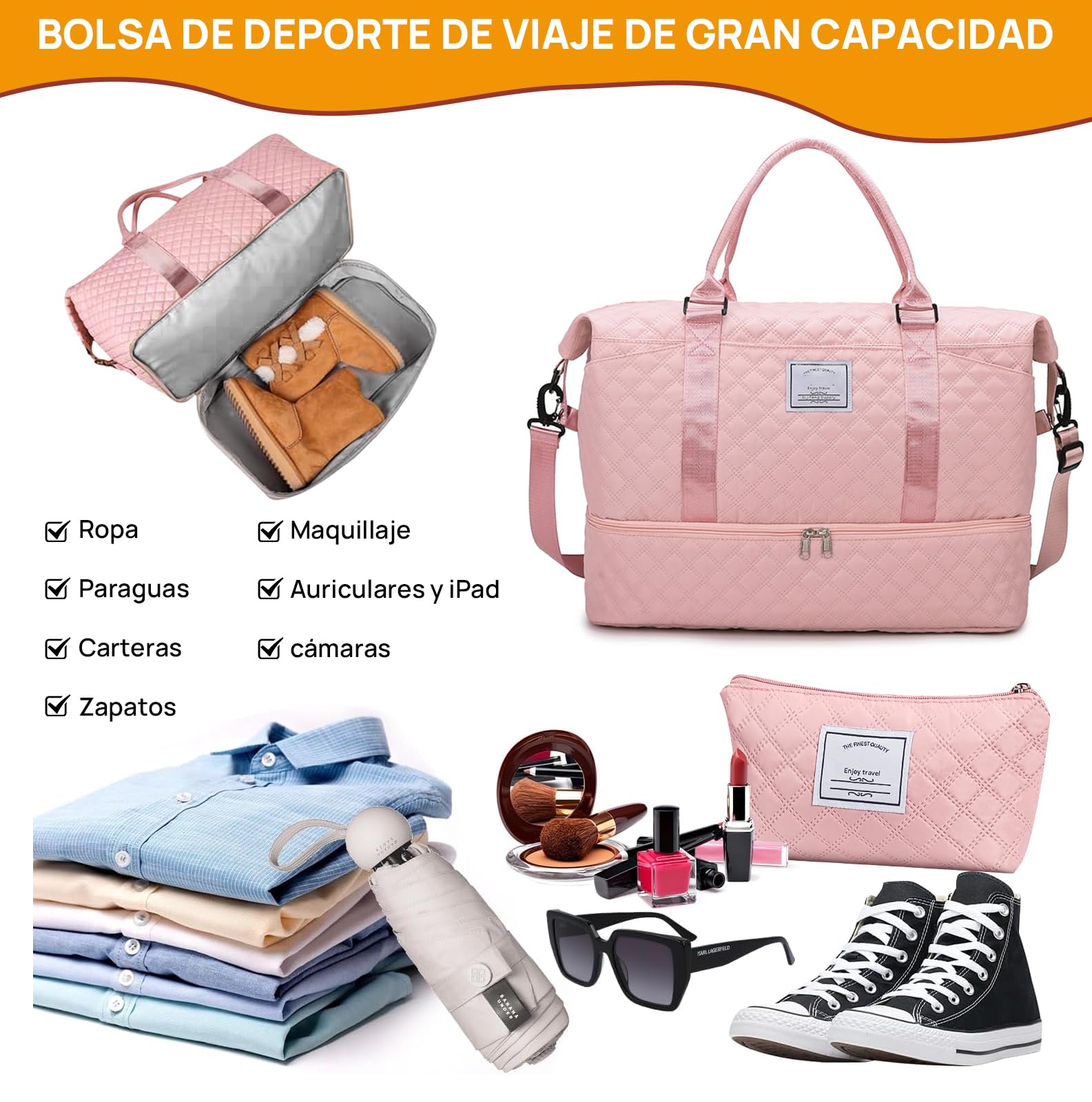 Bolsa de Deporte, Bolsa de Viaje Con Compartimento Para Zapatos y Neceser, Compartimentos Húmedo y Seco, Gran Capacidad, Resistente al Agua (rosa)