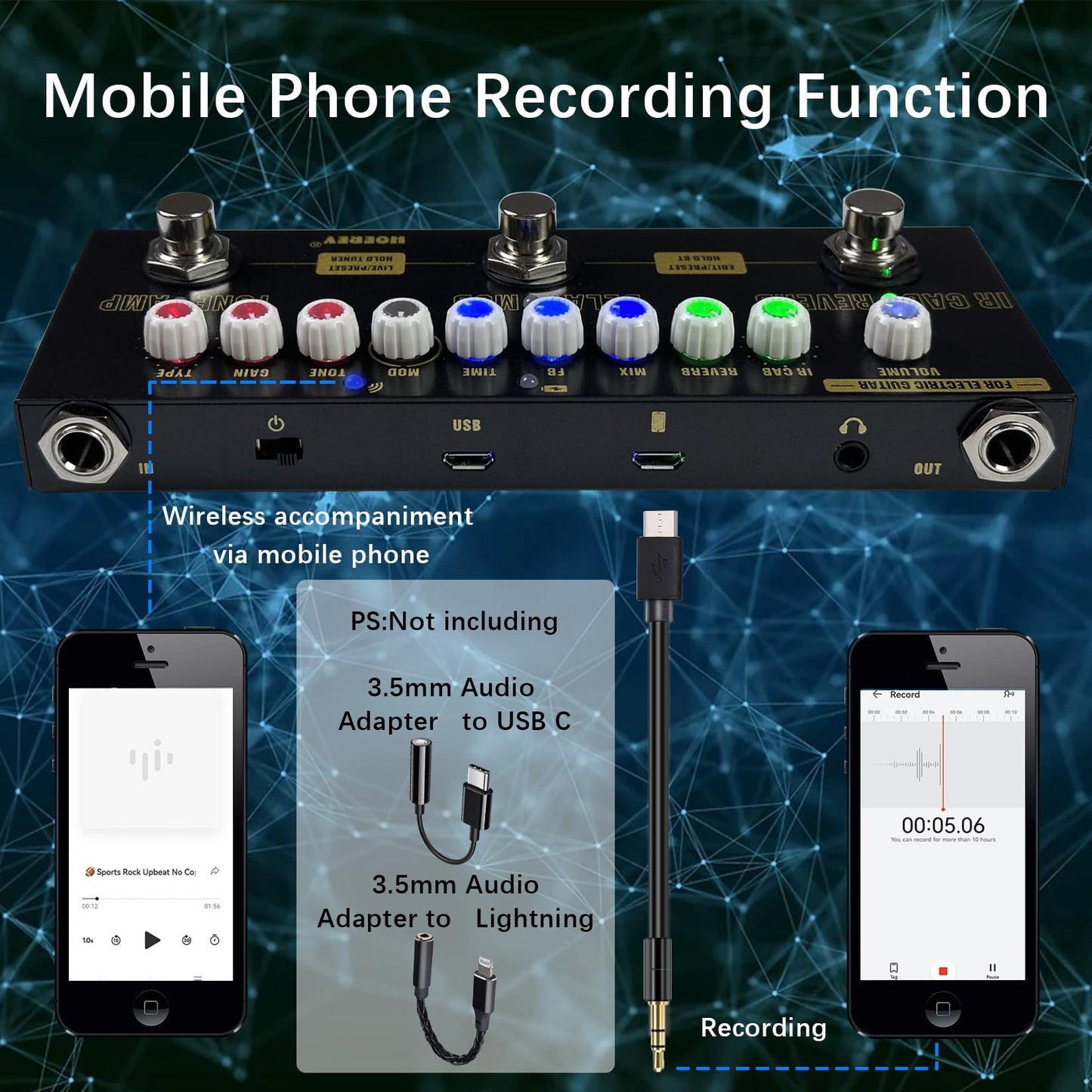 HOEREV - Pedal de guitarra multiefectos, retardo, reverberación, fase, coro, distorsión, sobremarcha, multiefectos, pedal para guitarra eléctrica, batería incorporada