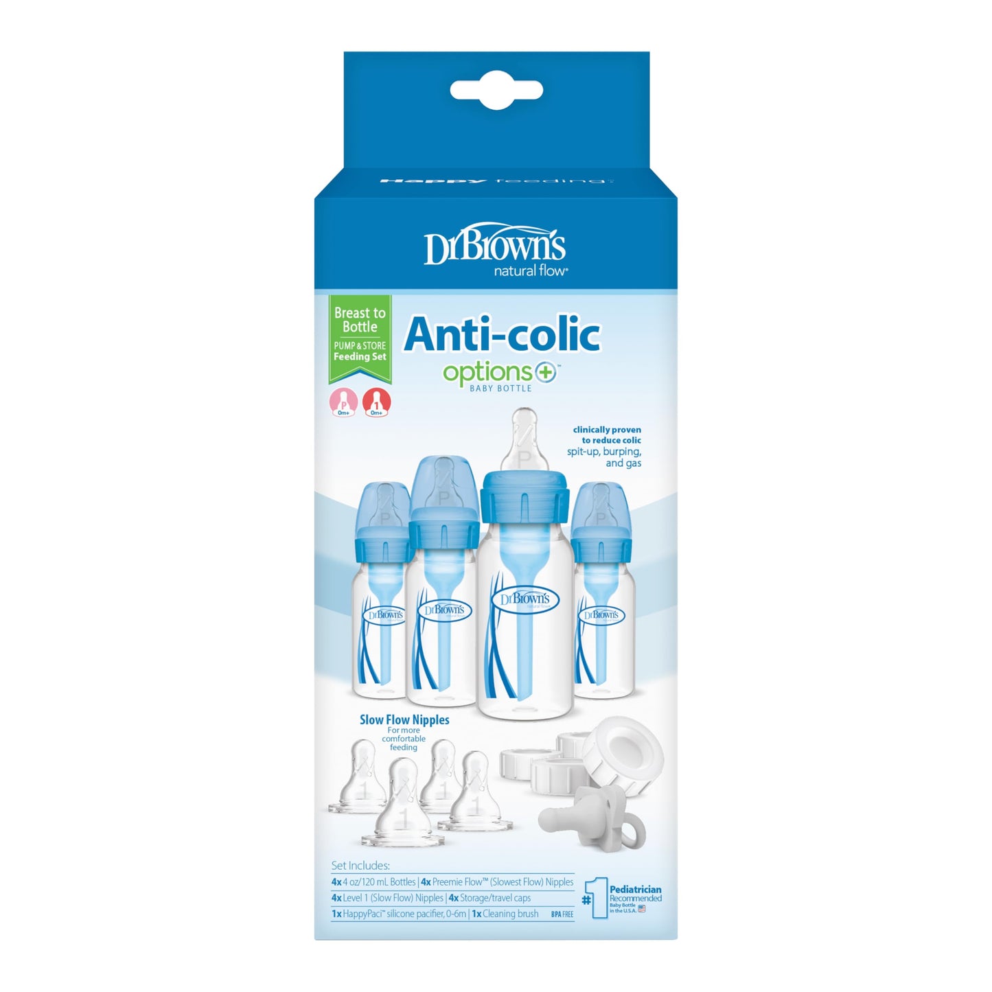 Set de Alimentación Anticólicos Dr. Brown's Natural Flow Azul con Pezones de Flujo Lento, Tapas de Viaje y Chupete HappyPaci para Bebé