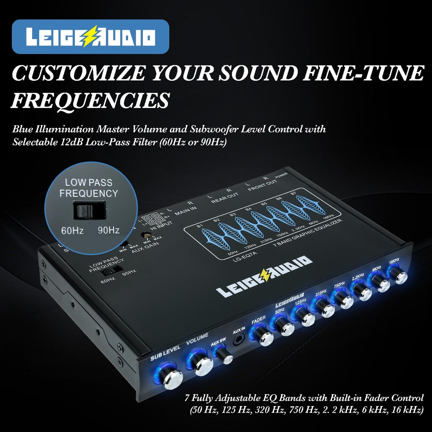 LEIGESAUDIO LG-EQ7A - Ecualizador gráfico de audio para coche de 7 bandas con entrada auxiliar frontal de 3,5 mm, salidas RCA de alto voltaje y entradas de altavoz de alto nivel