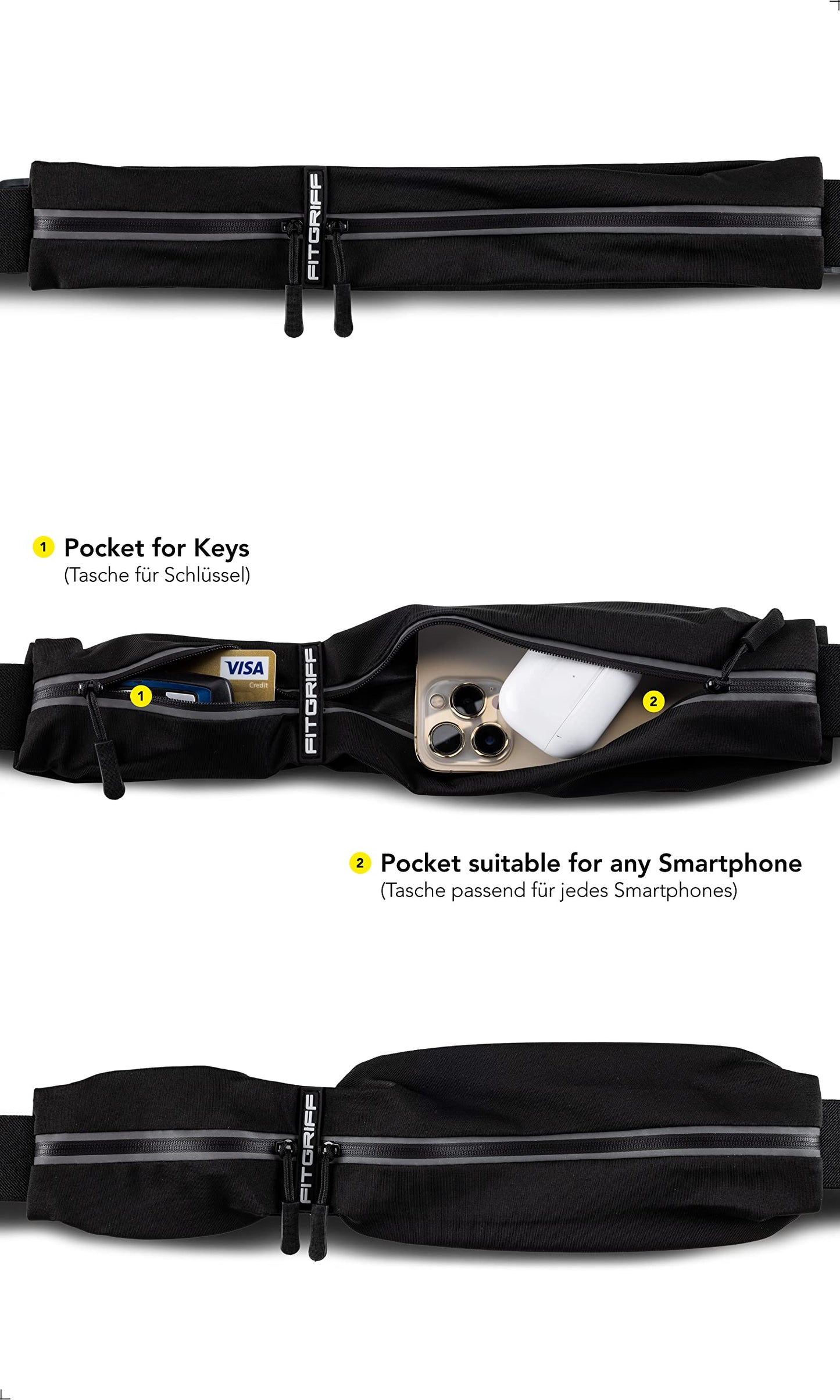 Fitgriff® - Cinturón de correr para hombres y mujeres, bolsa de correr segura para teléfono, llaves y esenciales, para todos los teléfonos celulares, Negro -, Small - Medium, Corte entallado