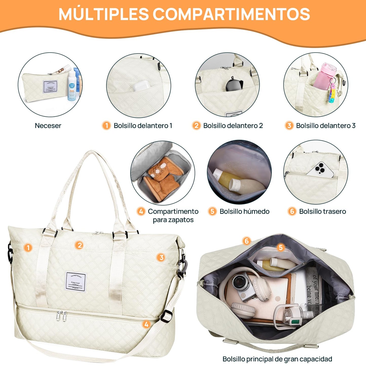 Bolsa de Deporte, Bolsa de Viaje Con Compartimento Para Zapatos y Neceser, Compartimentos Húmedo y Seco, Gran Capacidad, Resistente al Agua (blanco)