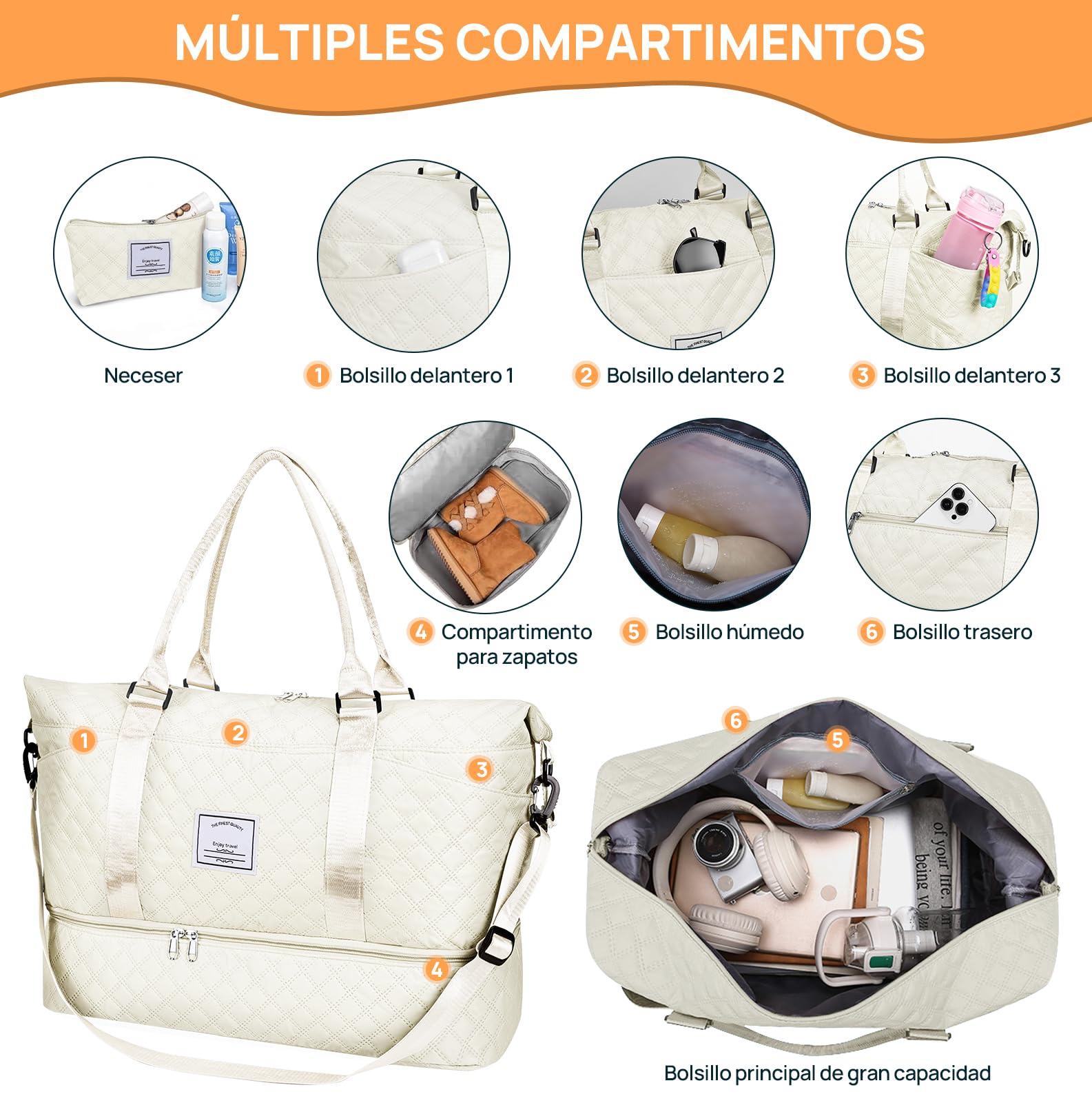 Bolsa de Deporte, Bolsa de Viaje Con Compartimento Para Zapatos y Neceser, Compartimentos Húmedo y Seco, Gran Capacidad, Resistente al Agua (blanco)