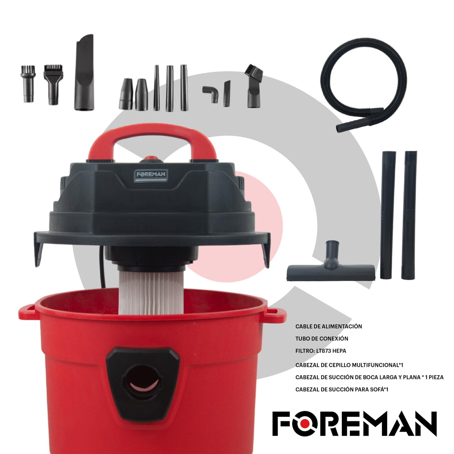 Foreman Aspiradora De Mano Industrial Capacidad 15L Sólidos y Líquidos Aspiradora Portátil para Auto | 1500W | Seco y Húmedo y Accesorios | Rojo
