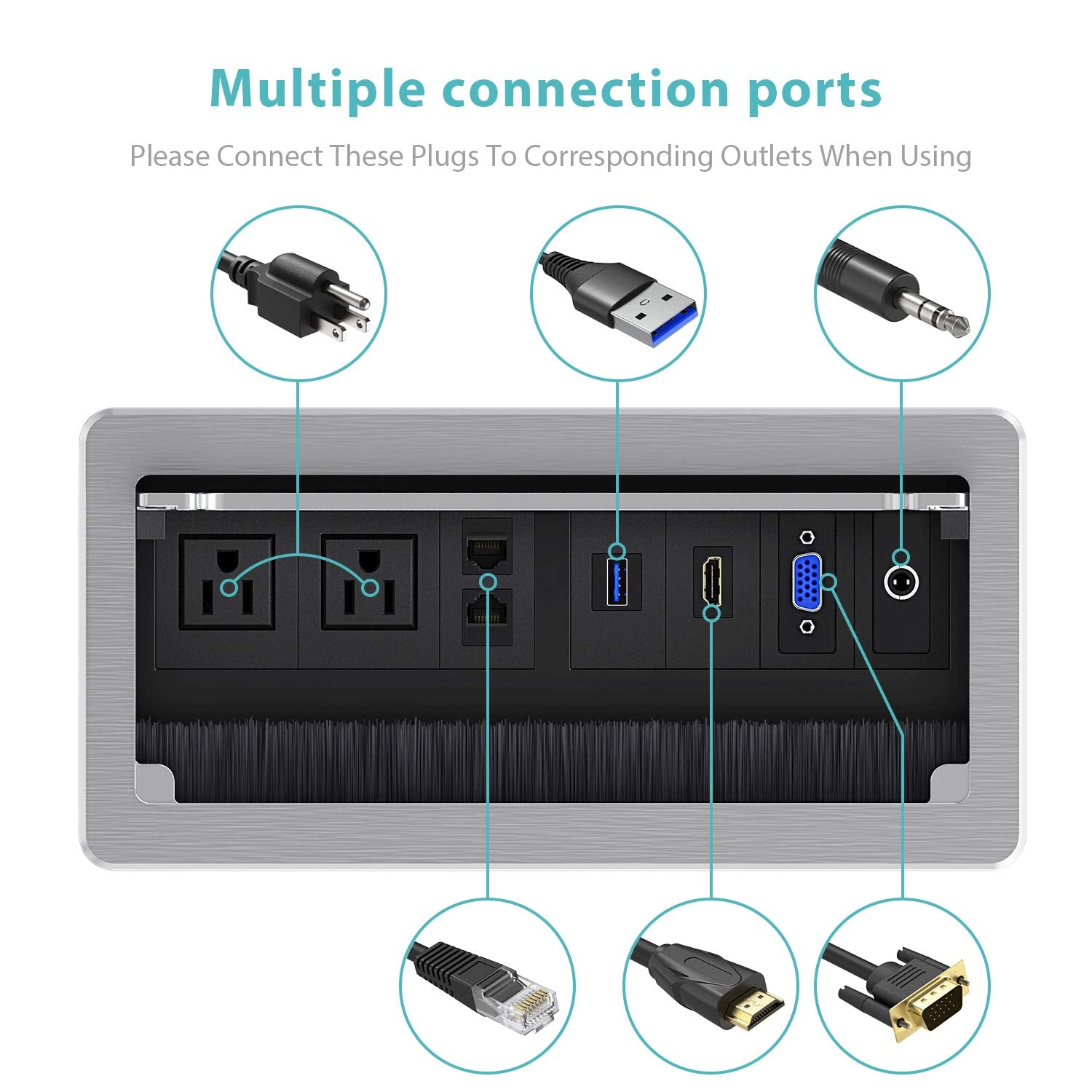 WEBANG Caja de conectividad empotrada Salida para mesa de sala de conferencias con receptáculo 2AC, 2RJ45, 1USB3.0, 1HDMI, 1 VGA, audio de 13,5 mm, color plateado