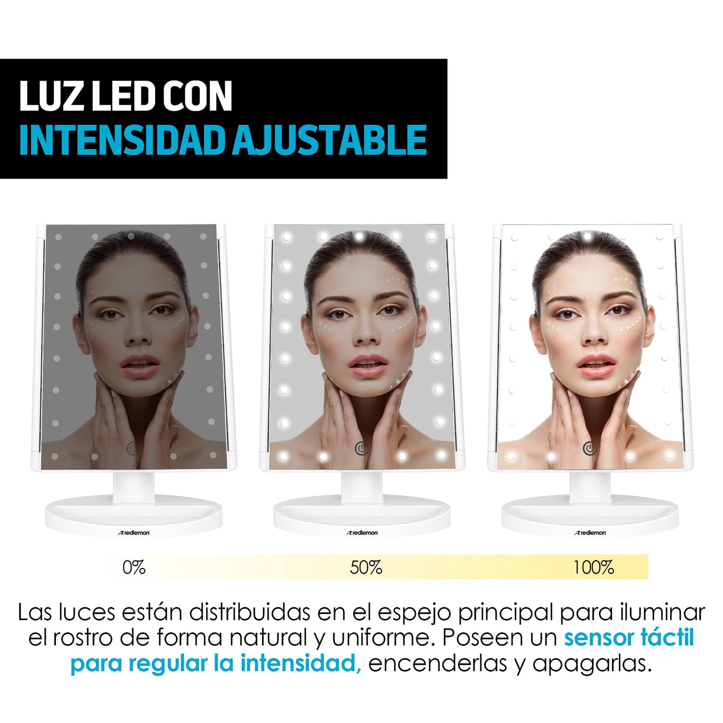 Redlemon Espejo con Luz para Makeup, Espejo para Maquillaje con Aumentos y Luces LED de Intensidad Ajustable, Base con Movimiento 180°, Funciona con Cable de Alimentación o Baterías AAA (no incluidas)