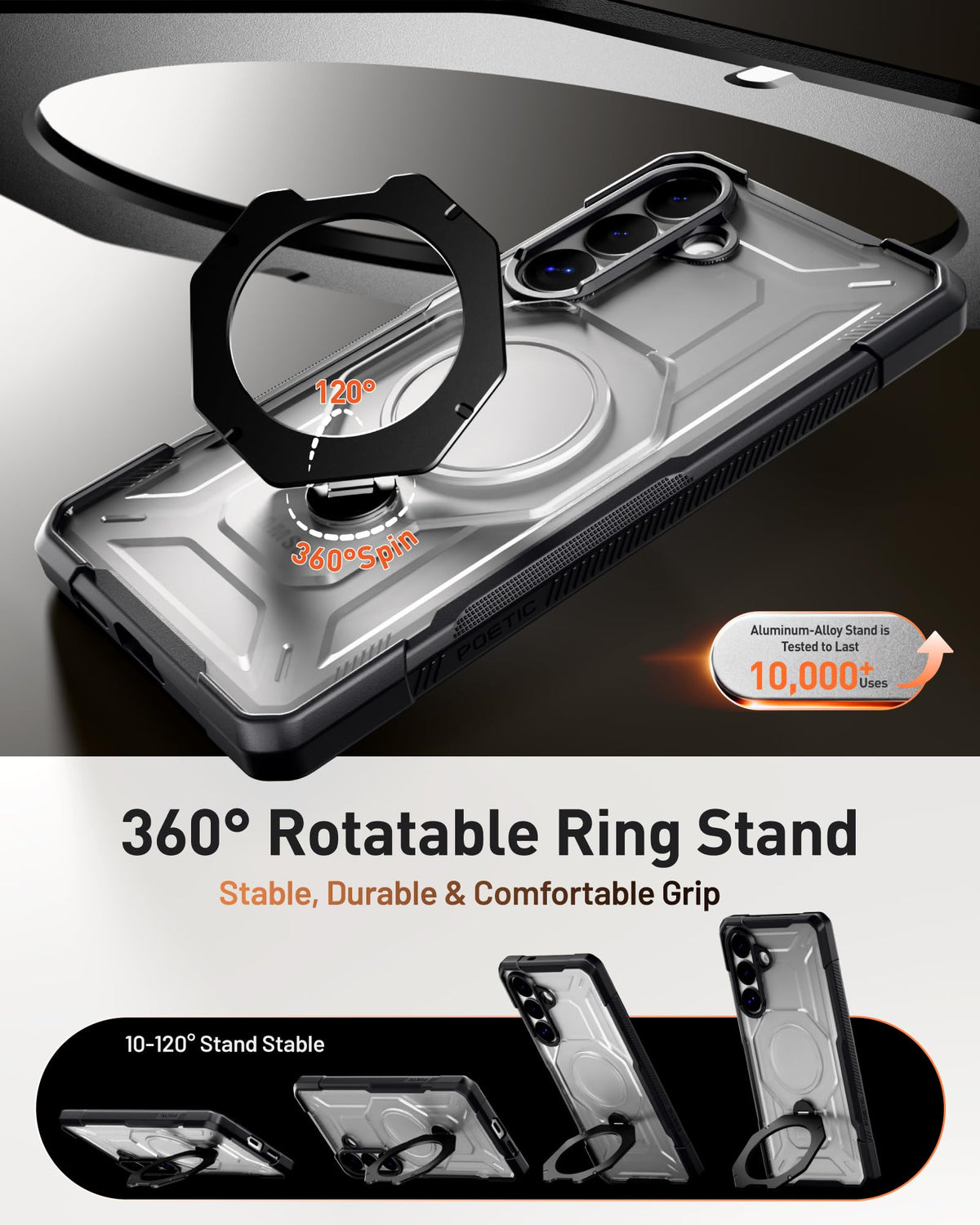 Funda Samsung Galaxy S26 Plus Poetic Negro con Soporte de Anillo Giratorio Compatible con MagSafe