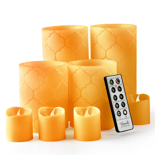 Furora Lighting - Velas LED de cera real, control remoto y temporizador, paquete de 8 (4 pilares y 4 votivas), velas sin llama con parpadeo para el hogar, incluye pilas, naranja, (Orange Nordic)