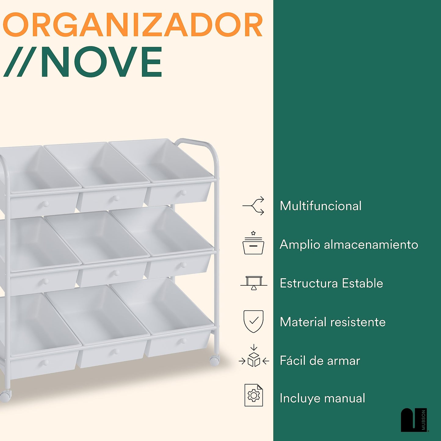 MUBSON Juguetero Organizador Infantil con 9 cajones y Ruedas de Desplazamiento. Organizador Infantil Nove. Baul para Juguetes para el Cuarto de niños. Toy Storage (Blanco)