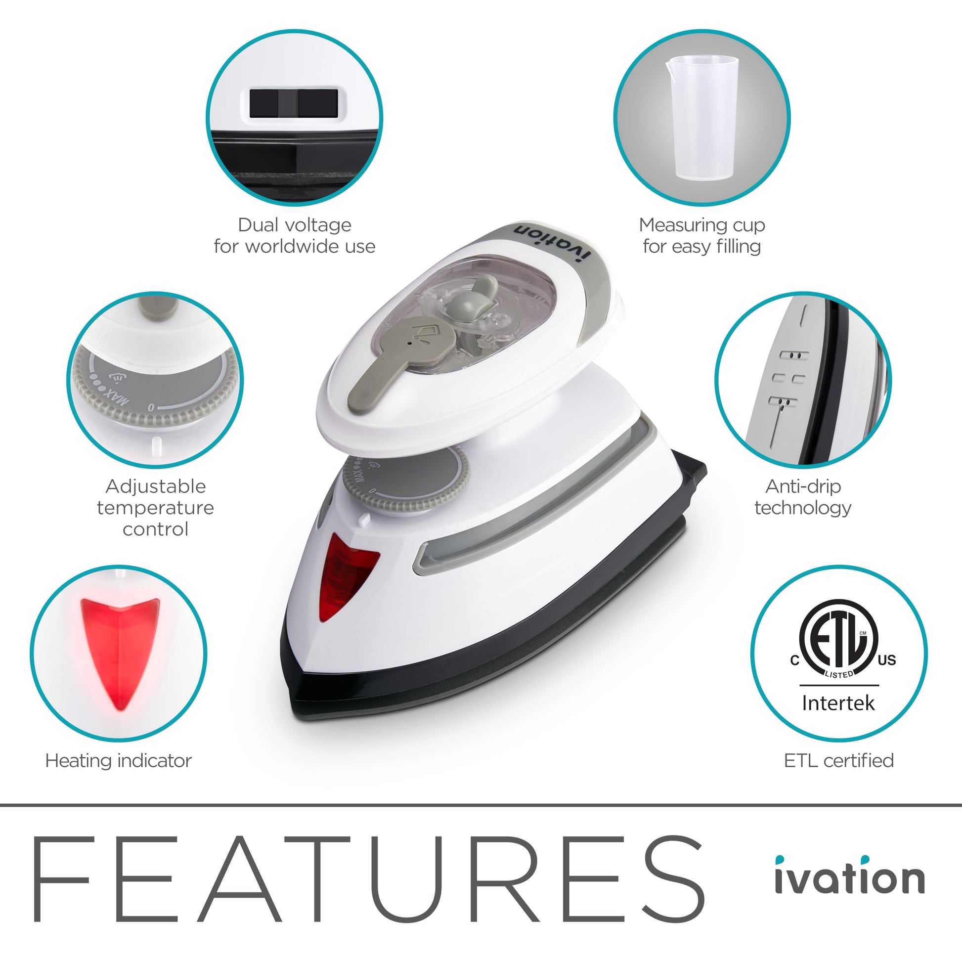 Ivation - Plancha de vapor de viaje | Mini plancha seca de doble voltaje y vaporizador para ropa con suela antiadherente, control de temperatura e indicador | Calienta en segundos, pequeño y compacto,