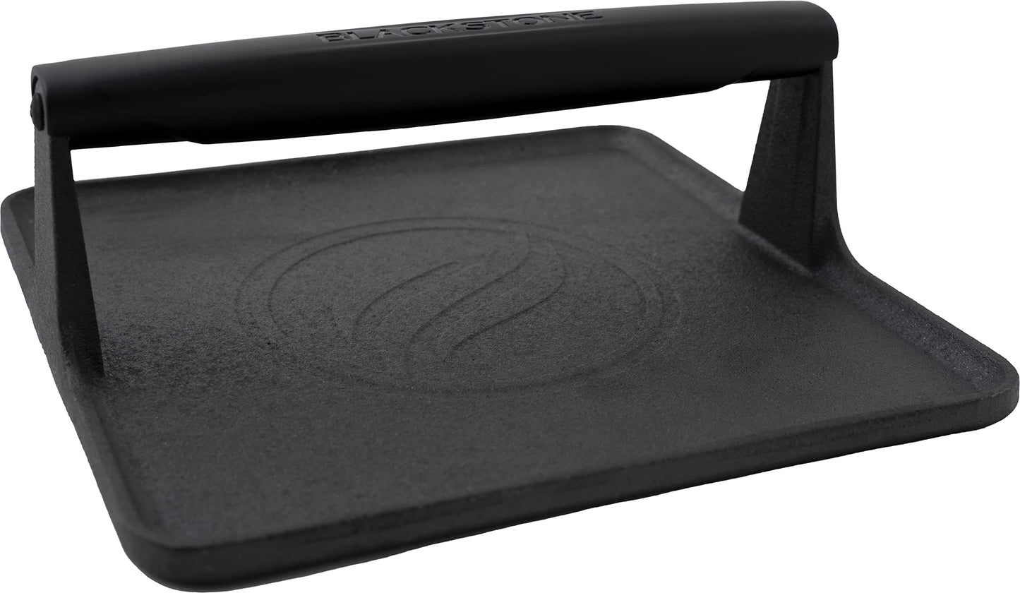 Blackstone 5554 Prensa de parrilla de hierro fundido presazonada XL base extra ancha para carne, hamburguesa, tocino, filete, salchicha mango resistente al calor, 10 x 10 x 4 pulgadas (cuadrado), negro