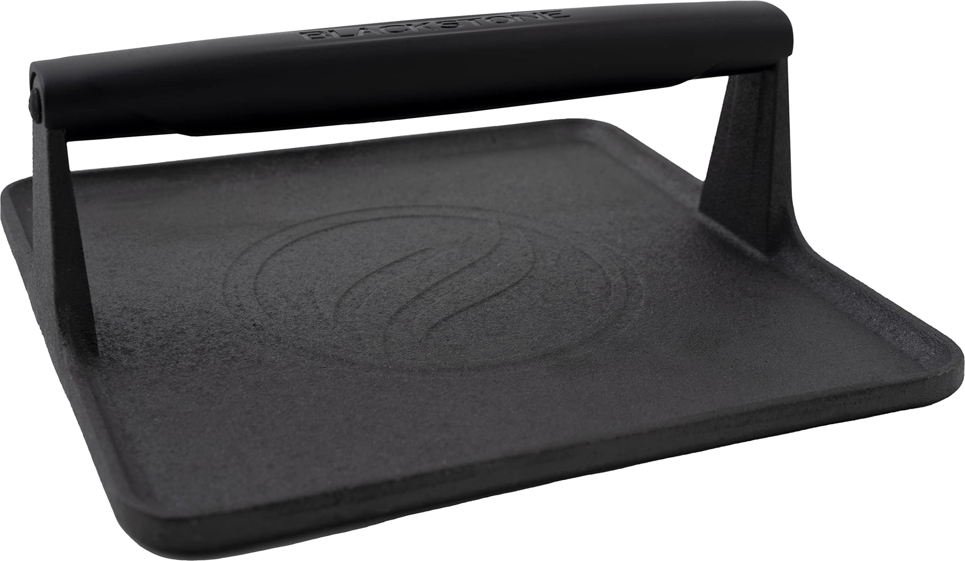 Blackstone 5554 Prensa de parrilla de hierro fundido presazonada XL base extra ancha para carne, hamburguesa, tocino, filete, salchicha mango resistente al calor, 10 x 10 x 4 pulgadas (cuadrado), negro