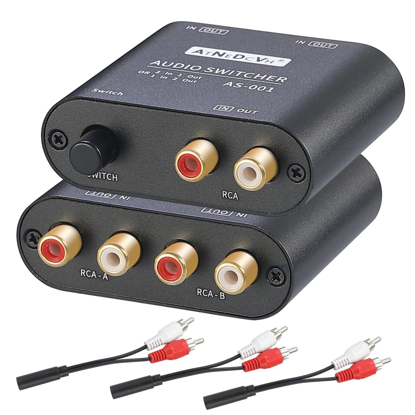 AtNeDcVh RCA / Puerto de 3,5 mm 1 en 2 salida/2 en 1 salida bidireccional conmutador de audio bidireccional, altavoz estéreo de 2 vías L/R de canal de sonido para auriculares