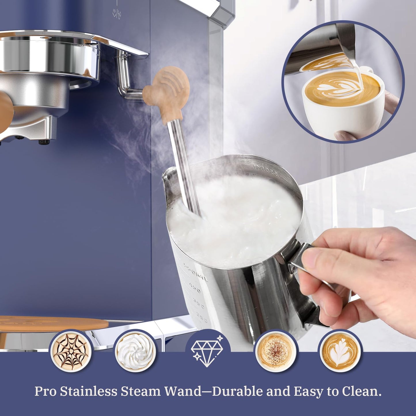 Laekerrt CMEP01 - Cafetera espresso con vaporizador de leche, máquina de café Home Expresso para capuchino y latte (azul marino, acero inoxidable), regalo para los amantes del café, padre