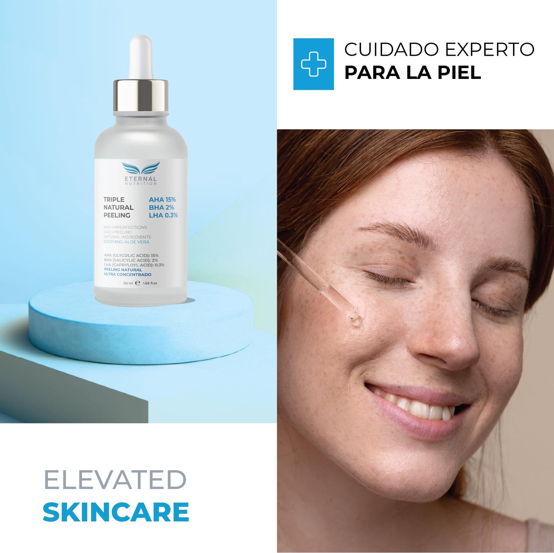 Serum TRIPLE NATURAL PEELING AHA 15%, BHA 2%, LHA 0.3%. 50 ml. Suero Peeling natural concentrado | Ingredientes Naturales | Skin Care | Piel Sana y Joven Uniforme | Textura Ligera | Para Todo Tipo de Piel by ETERNAL NUTRITION