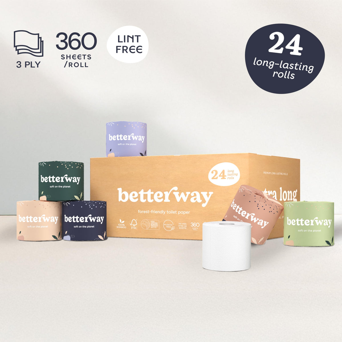 Papel Higiénico Betterway Bambú 3 Capas Sostenible 24 Rollos Dobles 360 Hojas Orgánico Sin Plástico Certificado FSC