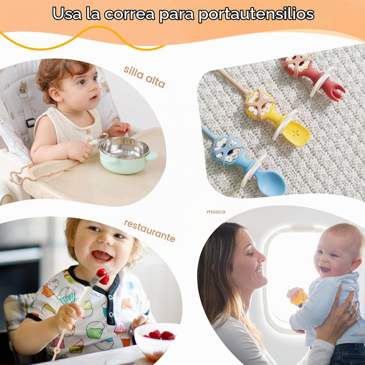 SMAutoLife - Utensilios para niños pequeños, tapas elásticas de silicona para tenedor y cuchara, correa de soporte de silicona de grado alimenticio para mantener el tenedor y la cuchara fuera del piso