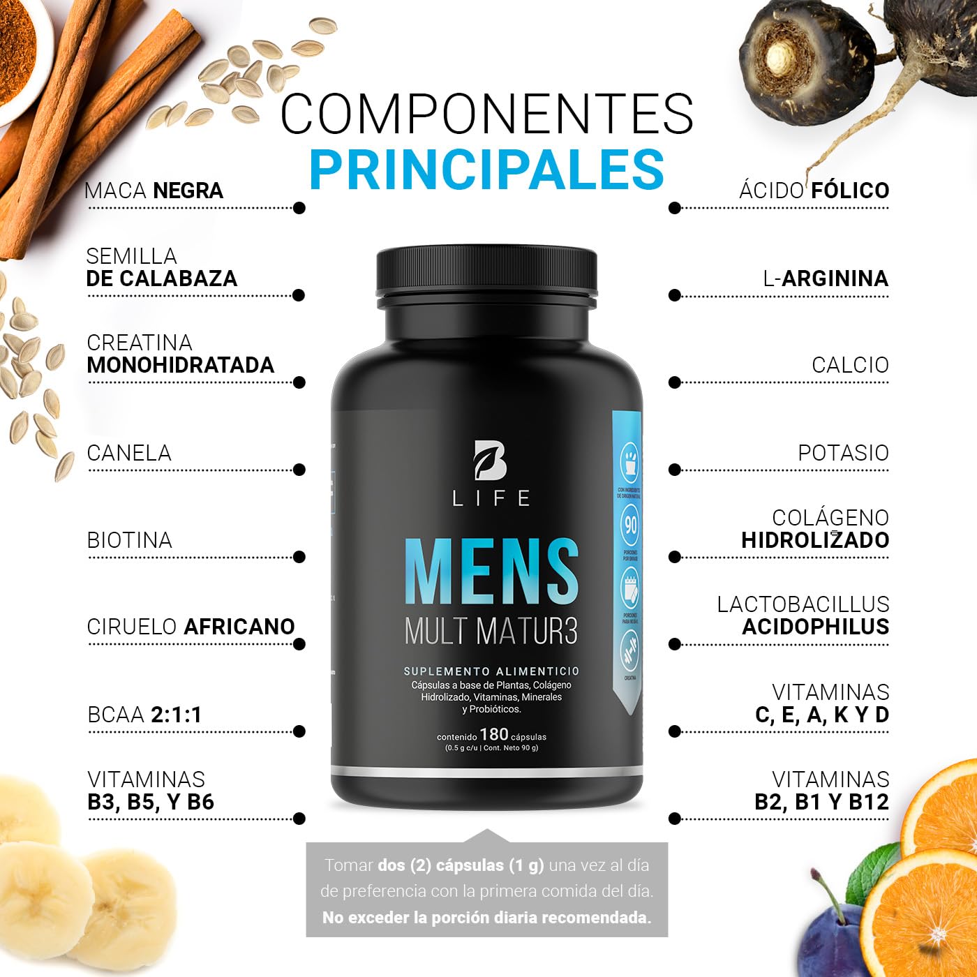 B Life Company Multivitamínico para Hombre Mayor de 40 años con 180 Cápsulas. Ingredientes naturales: Maca Negra, Semillas de Calabaza, Colágeno, Probioticos. Mens Mult Matur3.