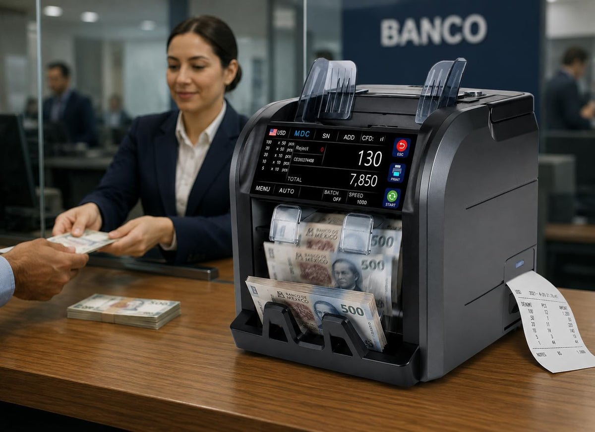 Contadora y Clasificadora Multidivisa KIshnell KB06 Negra con Detector de Billetes Falsos y Pantalla Táctil Digital de 6.9 Pulgadas Grado Bancario con Impresora Térmica Integrada