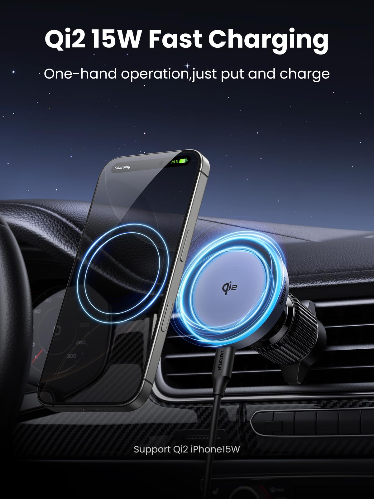 UGREEN Qi2 15W Cargador Inalámbrico de Coche Certificado, Soporte para Auto con Función de Carga Compatible con MagSafe para iPhone 16/16 Pro/16 Pro Max/15/14/13 con Pantalla de Luz, Cable de 1M