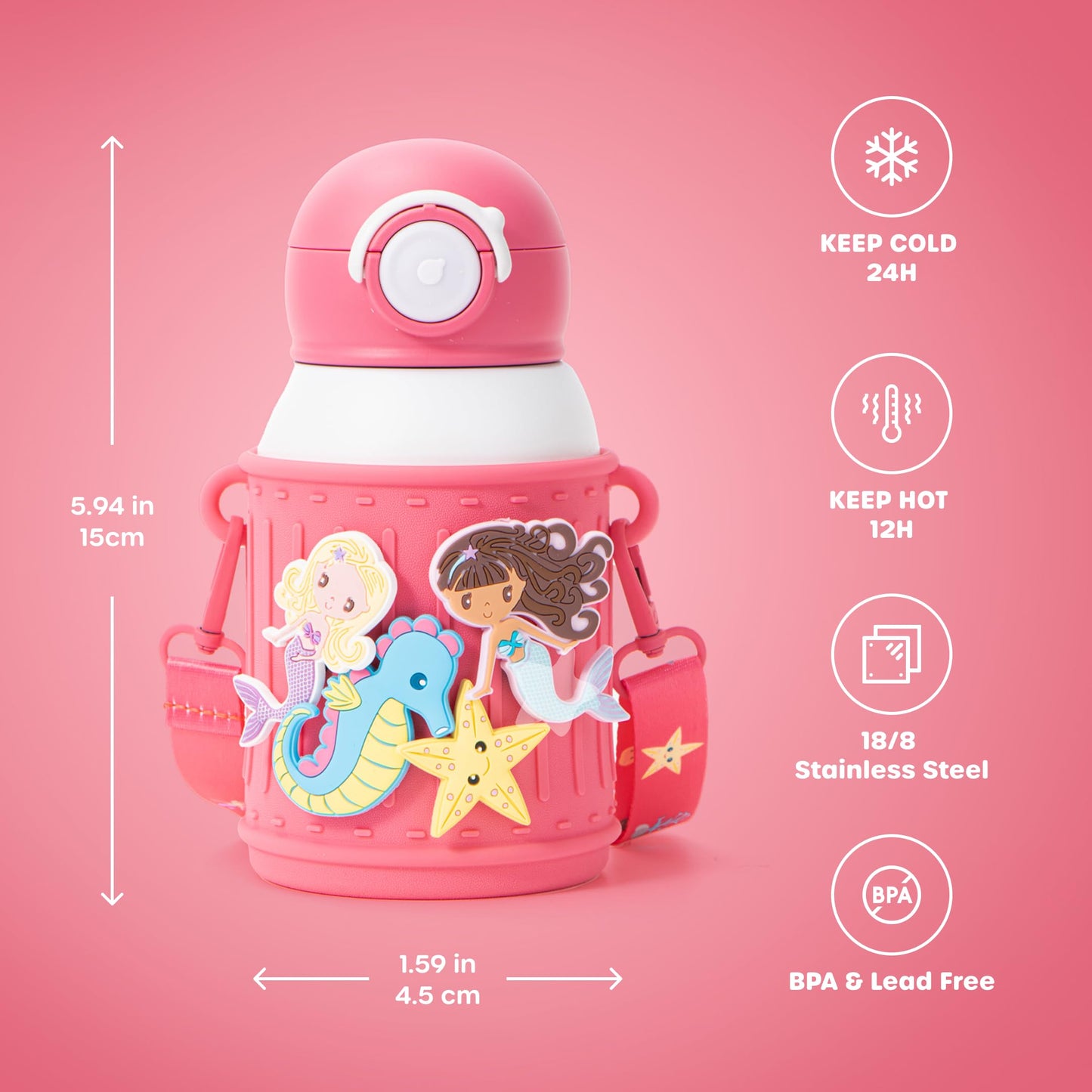 Le Glacier - Juego de vasos aislantes para niños, 16 onzas, botella de agua de acero inoxidable con tapa de popote y tapa para verter, taza a prueba de fugas, funda de silicona, dijes y correa