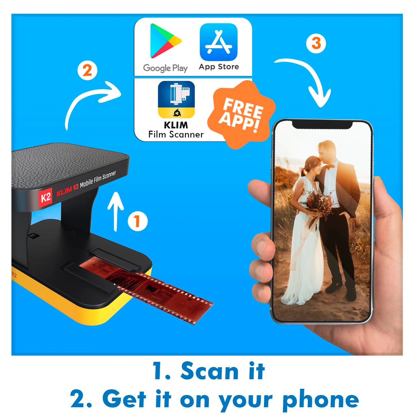 KLIM K2 - Digitalizador de fotos móvil de 35 mm - Conversión positiva y negativa - Escáner de diapositivas y fotos - Kit de desarrollo de color esencial - Tu propio servicio para desarrollar negativos