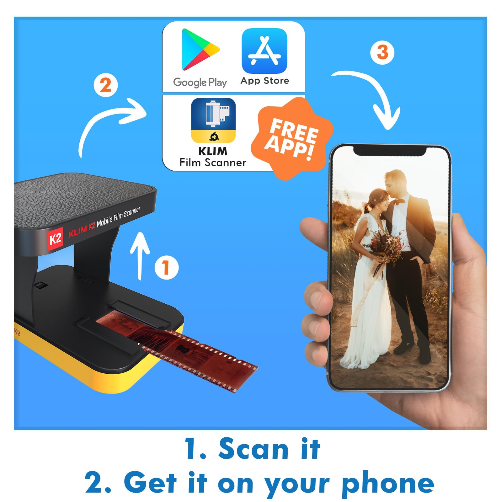 KLIM K2 - Digitalizador de fotos móvil de 35 mm - Conversión positiva y negativa - Escáner de diapositivas y fotos - Kit de desarrollo de color esencial - Tu propio servicio para desarrollar negativos