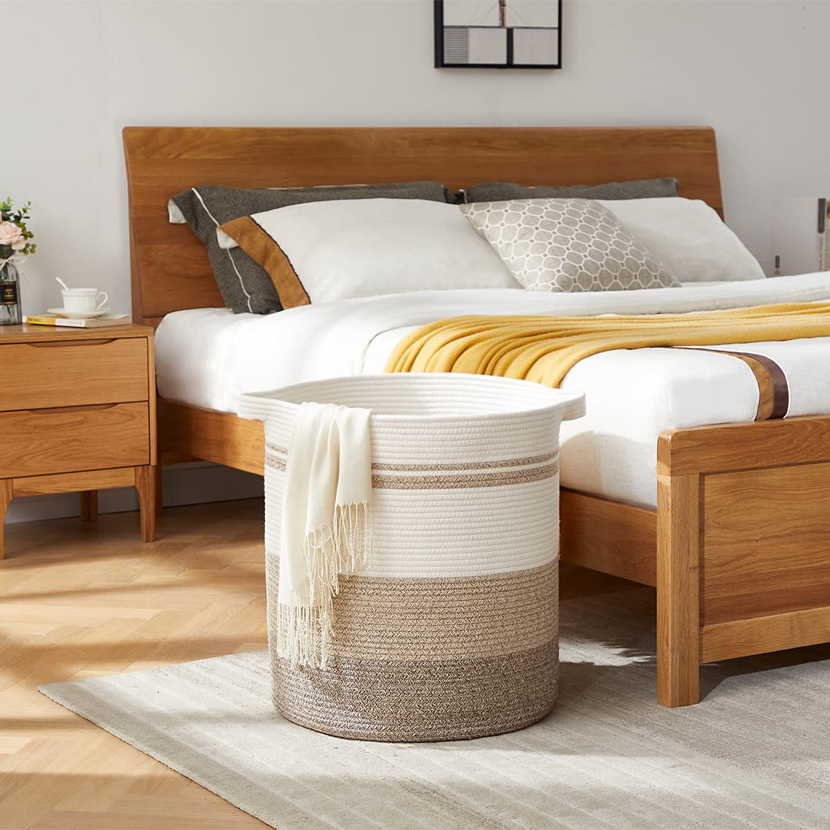 OIAHOMY Cesta de lavandería con asas, cesto decorativo para la sala de estar, cesto de almacenamiento de tela para juguetes, almohadas, cobijas, ropa, 20 x 18 pulgadas, amarillo degradado