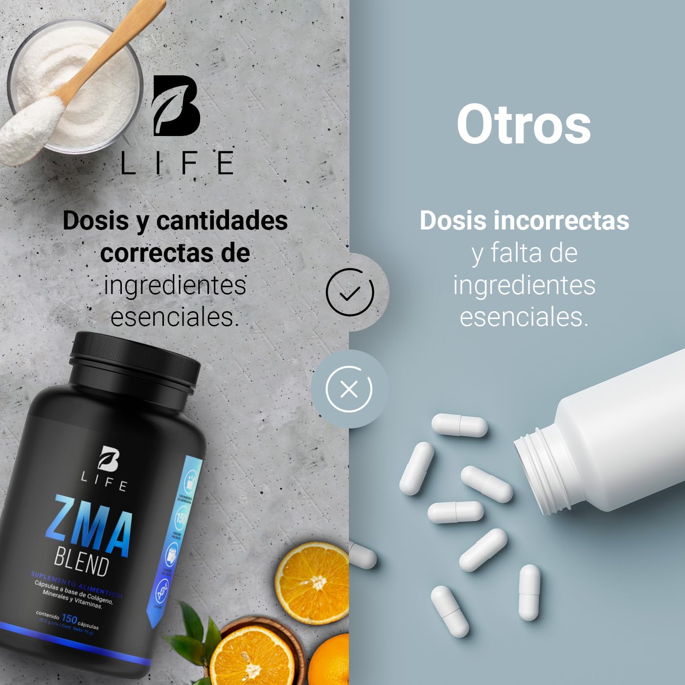 Cápsulas Mezcla ZMA B Life con Zinc, Magnesio y Vitamina C en Ingredientes Naturales